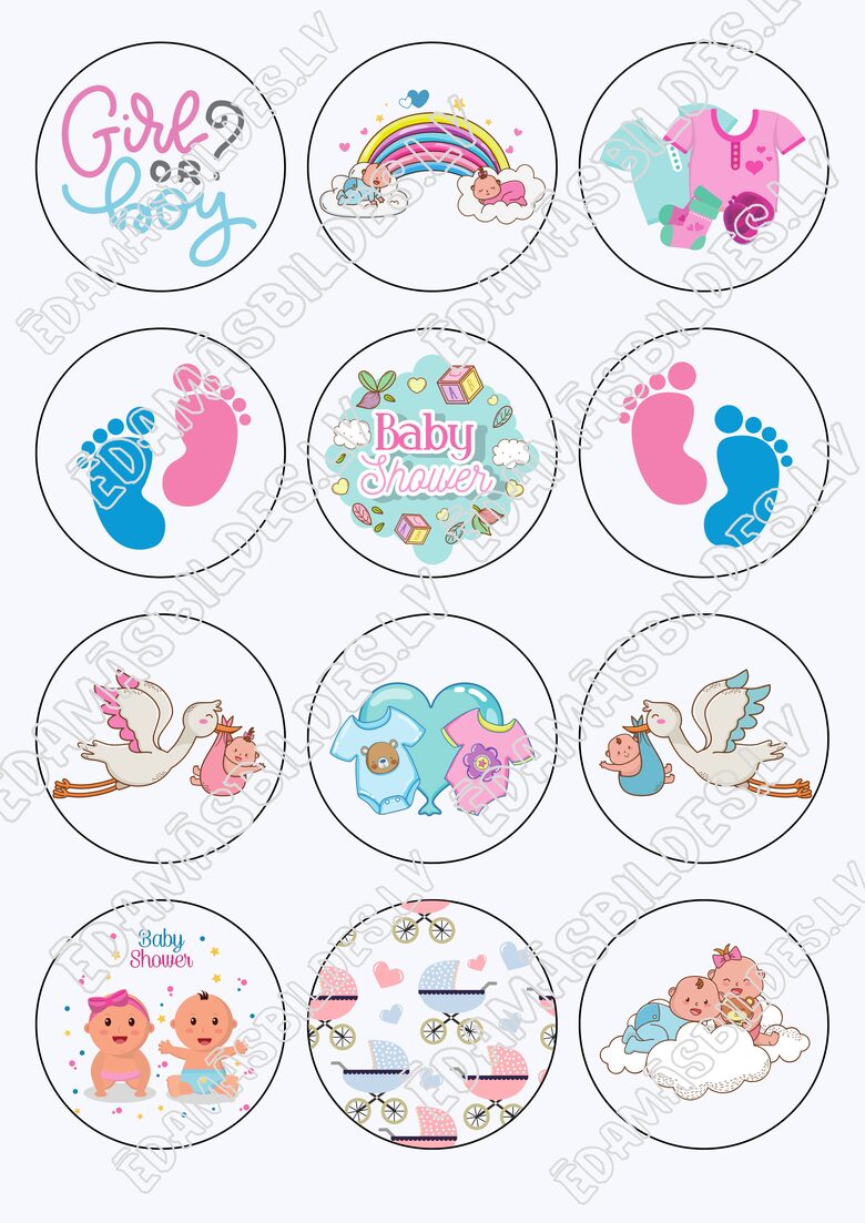 Cukura papīrs ar apdruku "Baby Shower", kapkeiku aplīši 6 cm